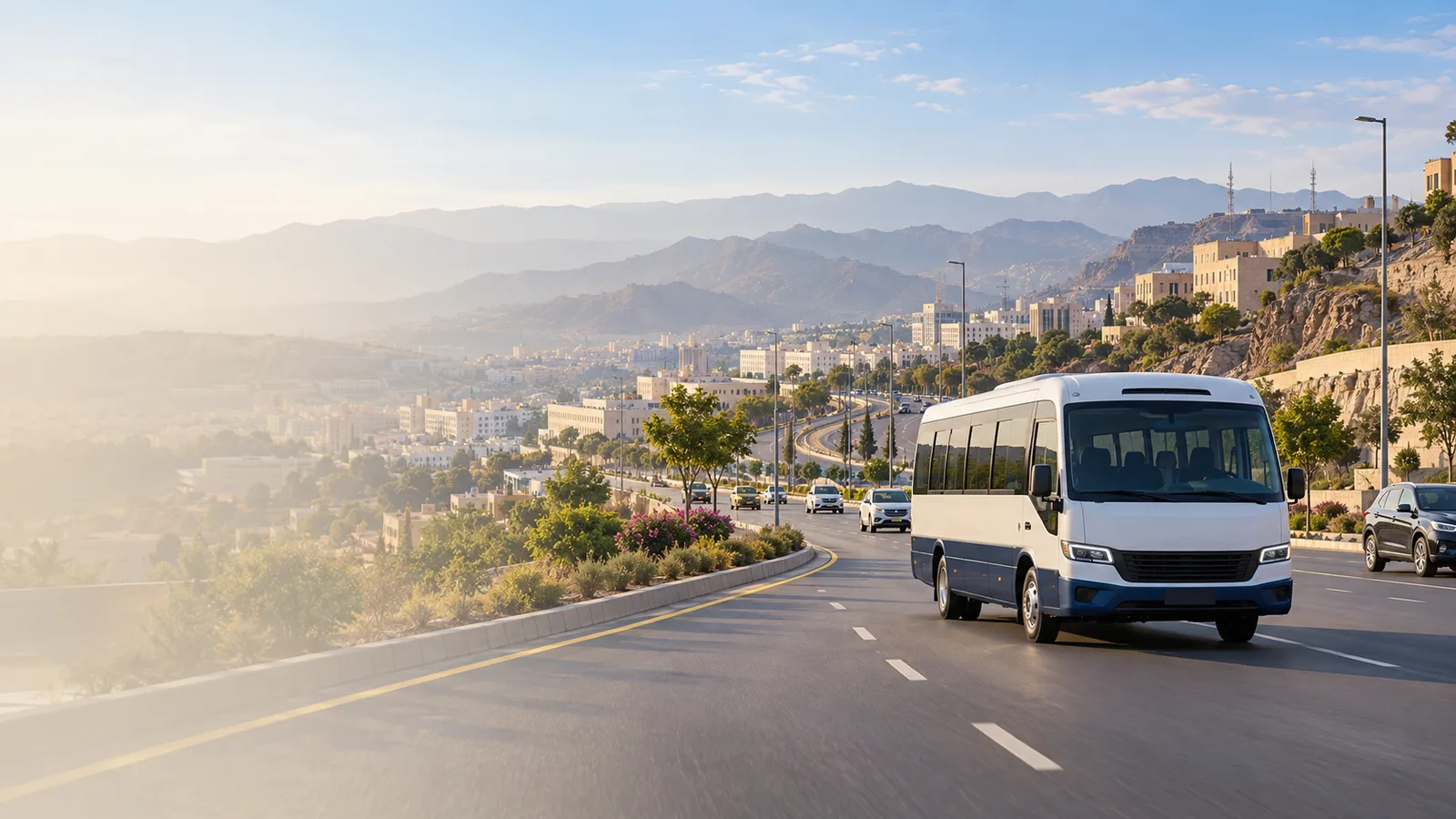 Illustration of a staff shuttle on a developed Abha–Khamis Mushait highland connector with layered hills and modest greenery