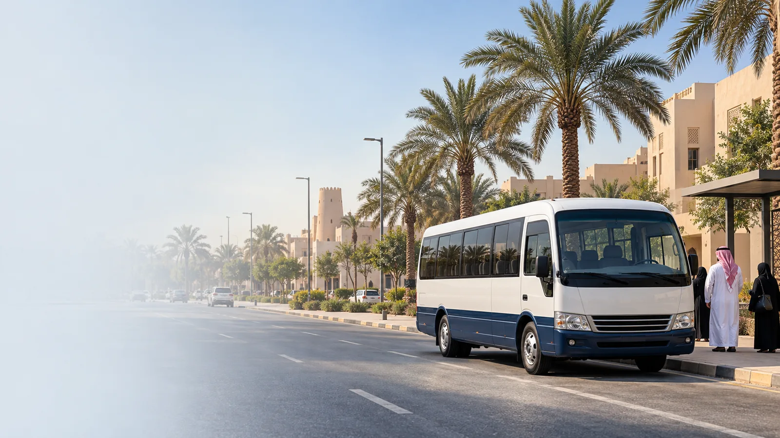 Illustration of a staff shuttle on an Al Ahsa urban road beside date palms and earth-toned low-rise buildings
