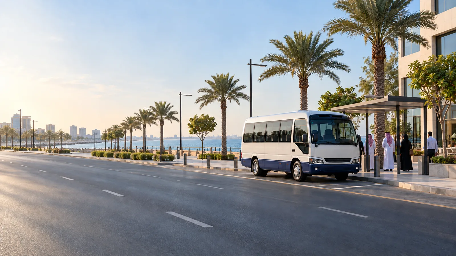 Illustration of a corporate shuttle near Al Khobar's landscaped Gulf waterfront and commercial buildings
