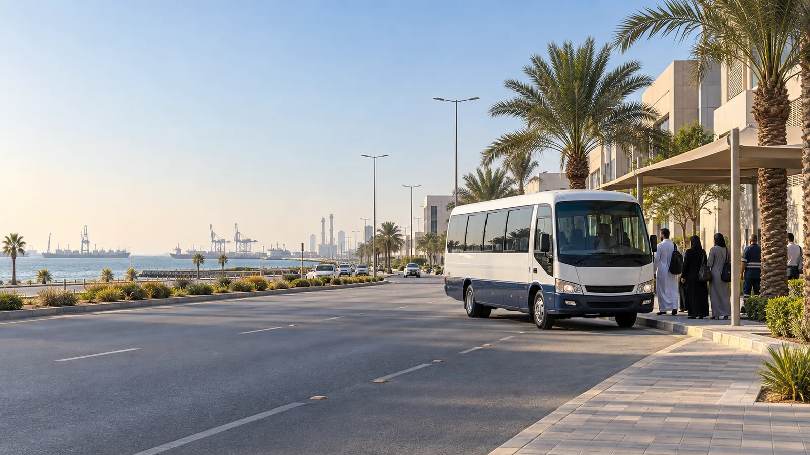 Illustration of a staff shuttle at a shaded Dammam workplace pickup beside the Arabian Gulf