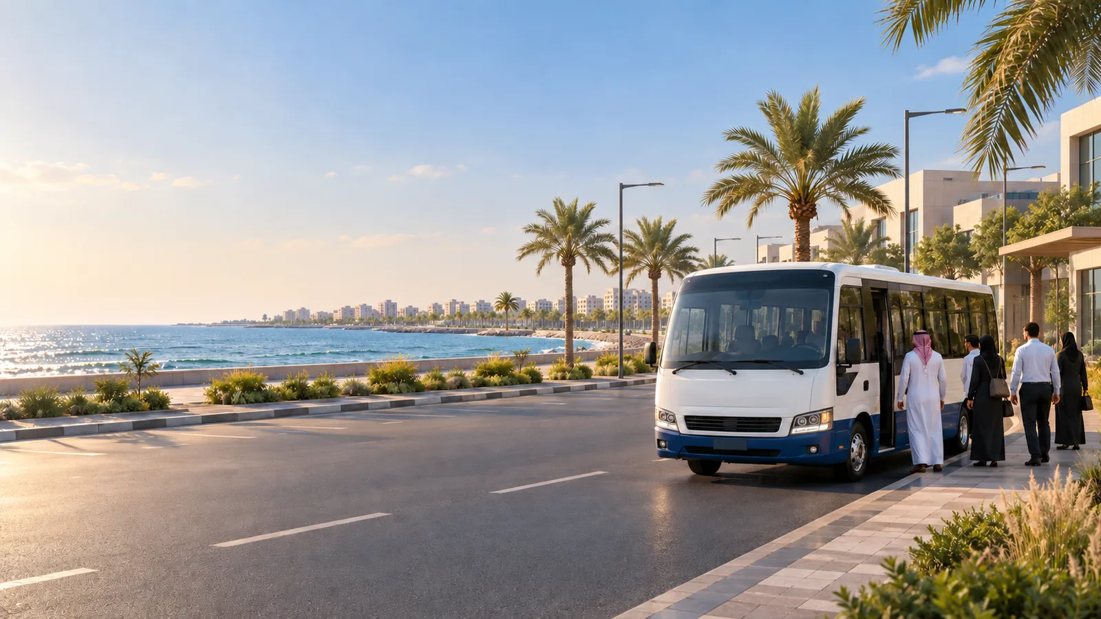 Illustration of a workforce shuttle at a Jazan coastal pickup with palms, low-rise buildings and a flat Red Sea horizon