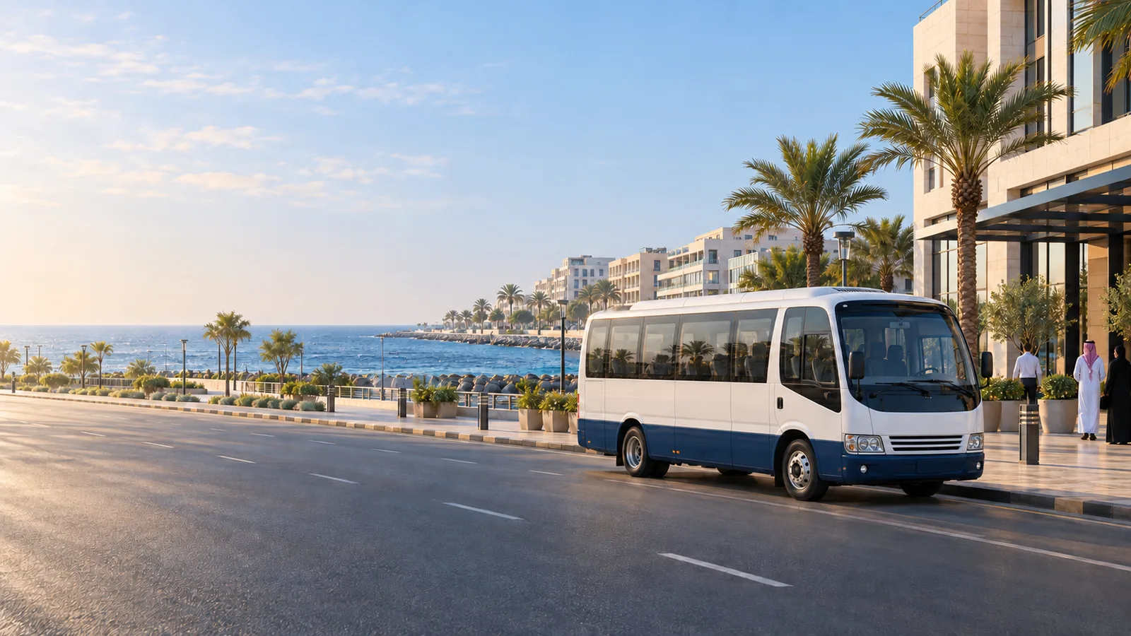 Illustration of a staff shuttle beside Jeddah's Red Sea waterfront and Corniche landscaping