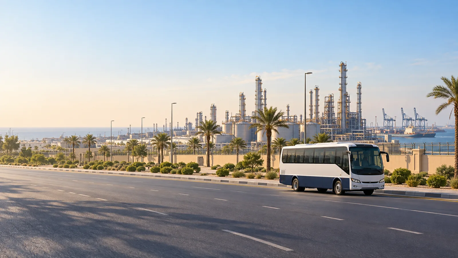 Illustration of a staff bus on a public industrial approach in Jubail with process towers and port cranes