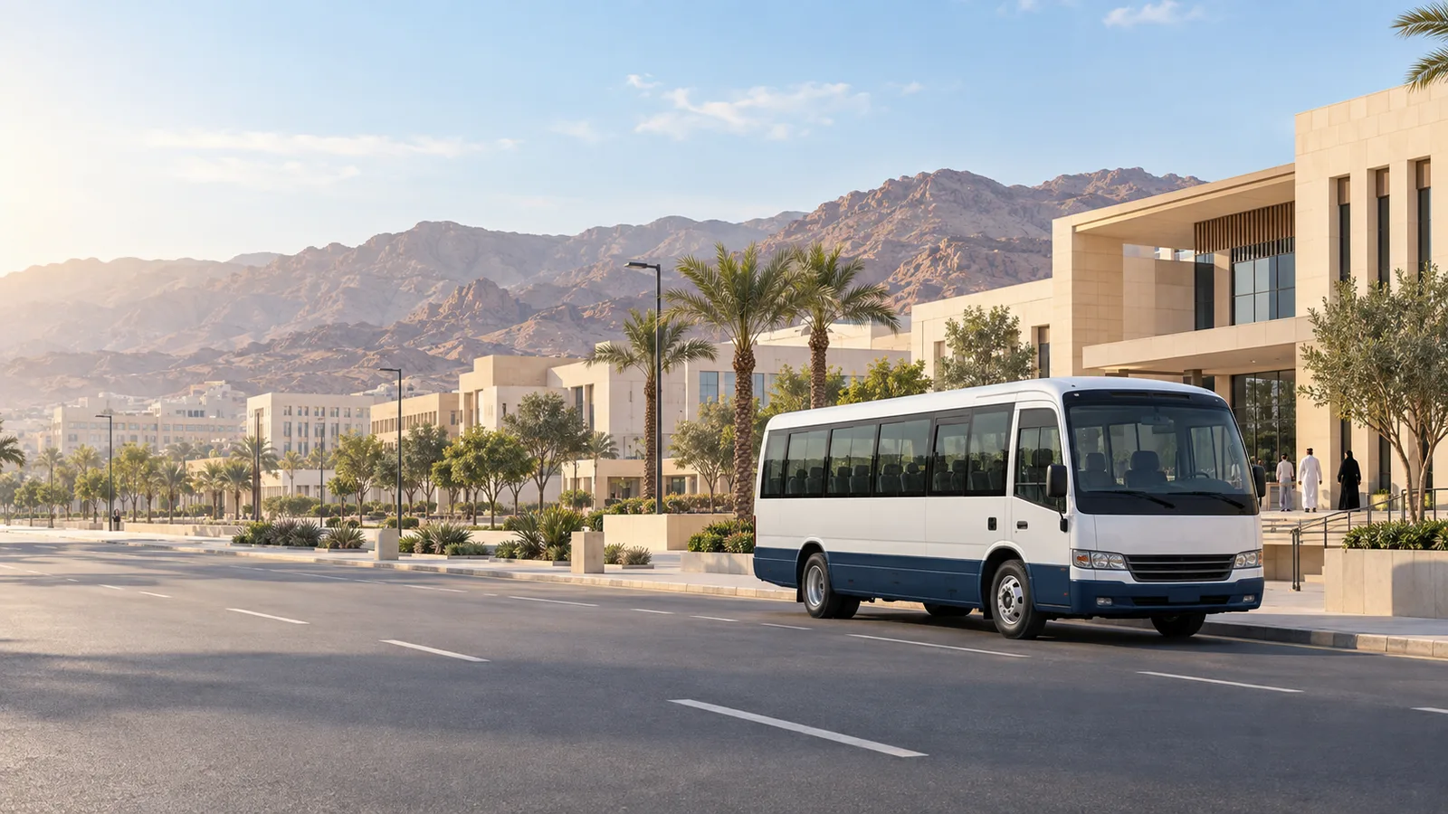 Illustration of a workforce shuttle beside Madinah-style low-rise institutional buildings, date palms and an arid ridge
