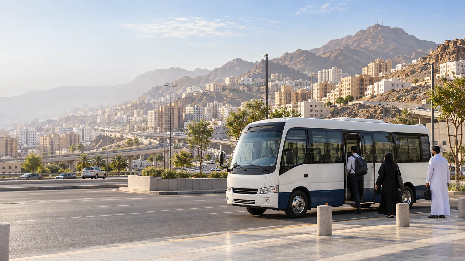 Illustration of a workforce shuttle beside a neutral Makkah pickup frontage in a rocky urban valley