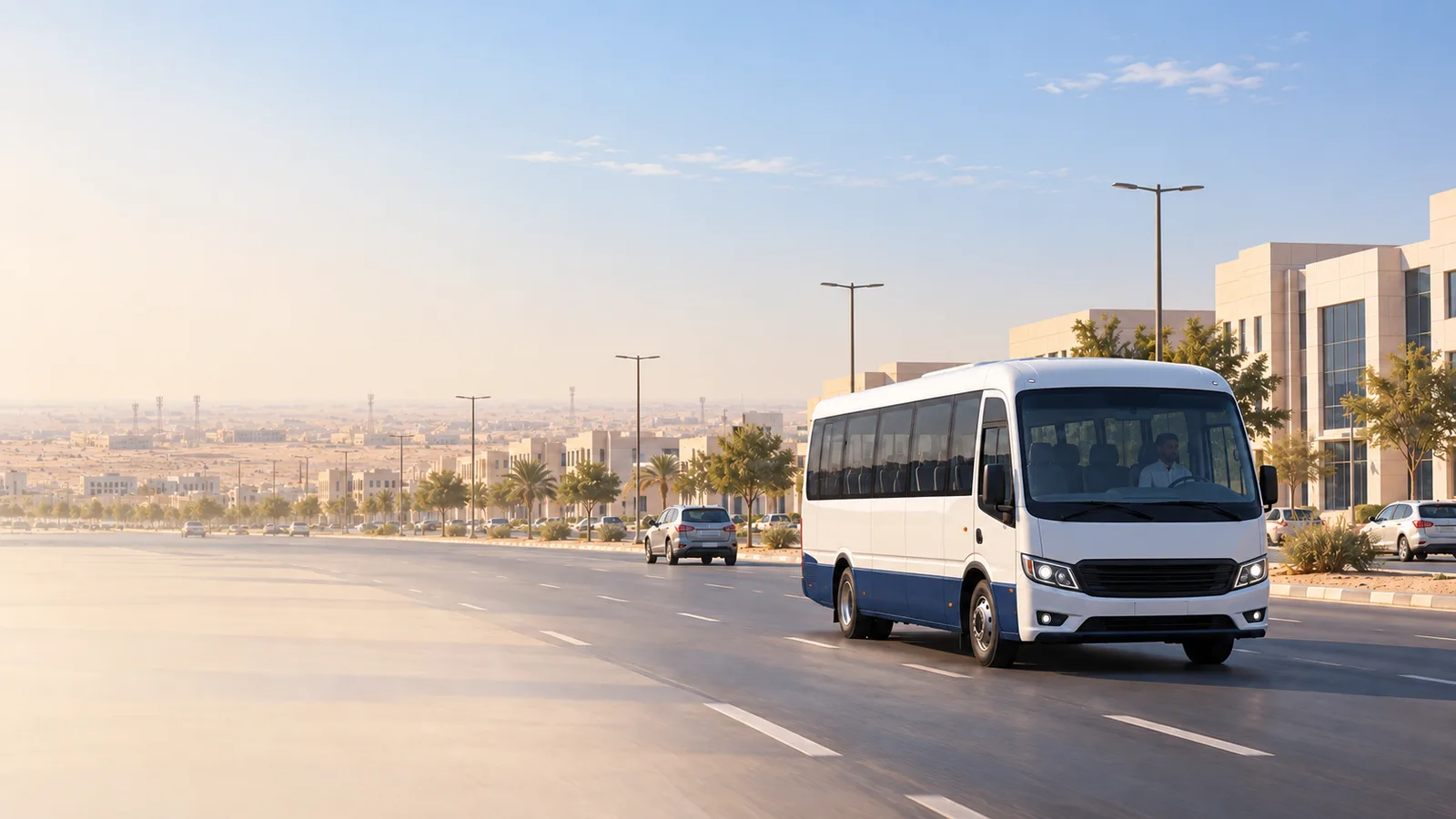 Illustration of a staff shuttle on a broad Tabuk urban roadway beside low-rise workplaces in a dry northern plain