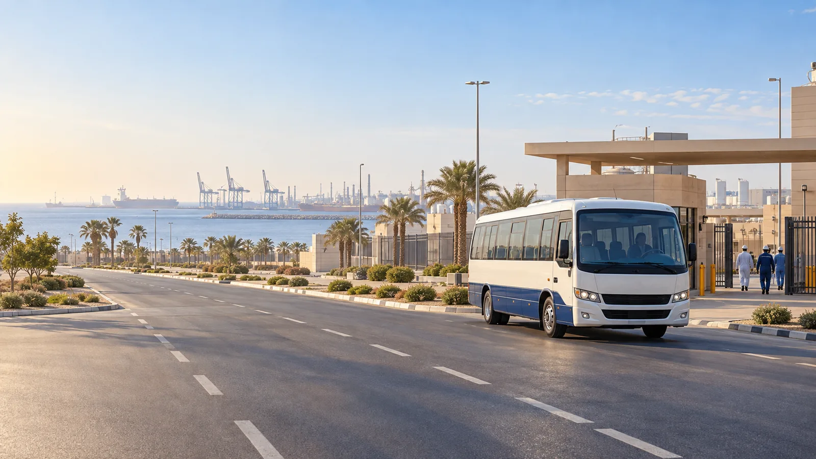 Illustration of a staff bus at a Yanbu industrial assembly bay with a distant Red Sea port horizon